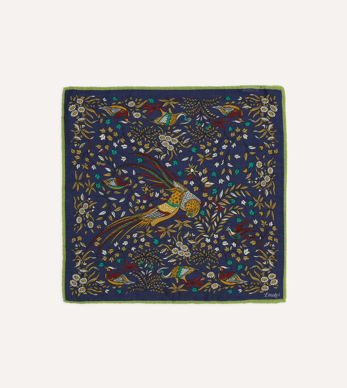 Navy Birds of Paradise Print Wool-Silk Pocket Square