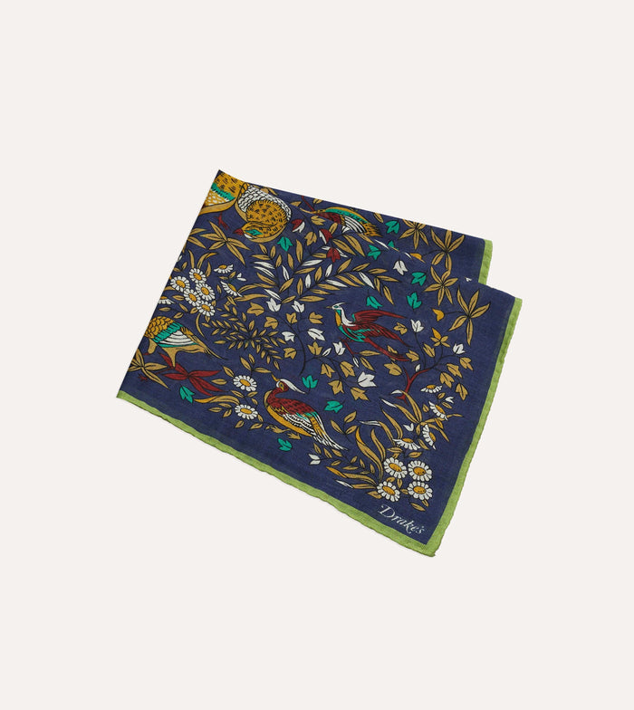 Navy Birds of Paradise Print Wool-Silk Pocket Square