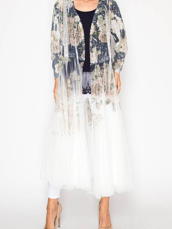 Navy floral sequin duster jacket with a sheer tulle overlay, open front, and dramatic maxi-length silhouette.