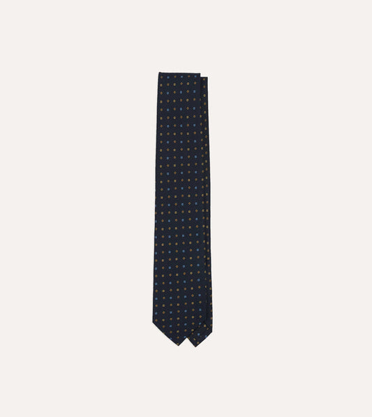 Navy Geometric Flower Print Silk Self-Tipped Tie