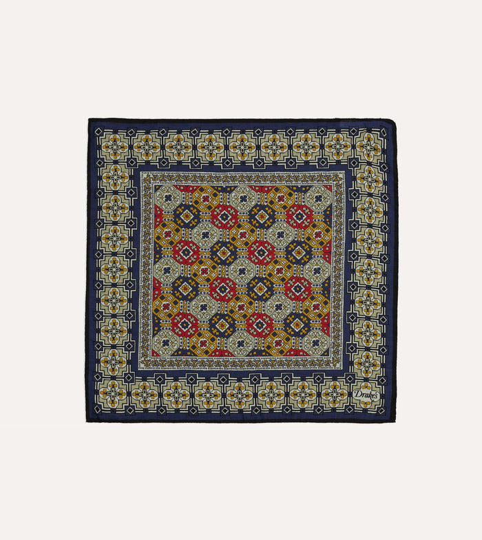 Navy Geometric Tapestry Print Wool-Silk Pocket Square