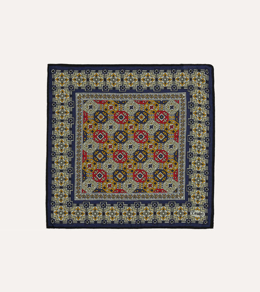 Navy Geometric Tapestry Print Wool-Silk Pocket Square