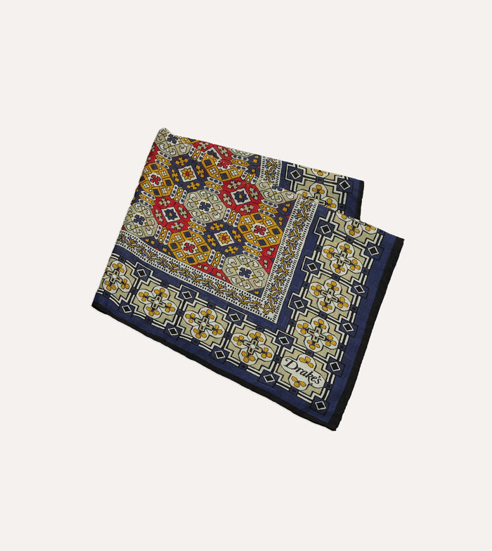 Navy Geometric Tapestry Print Wool-Silk Pocket Square