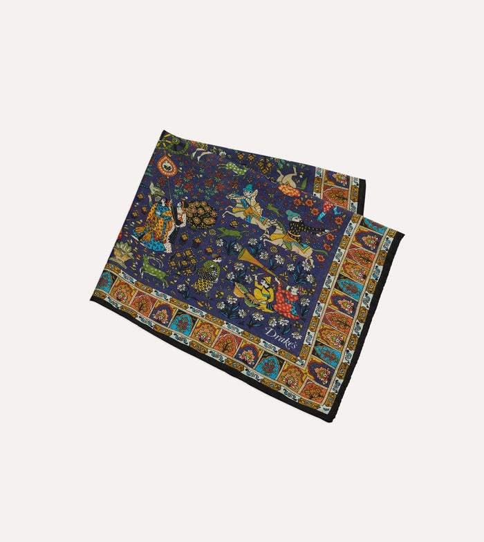 Navy Mughal Print Wool-Silk Pocket Square