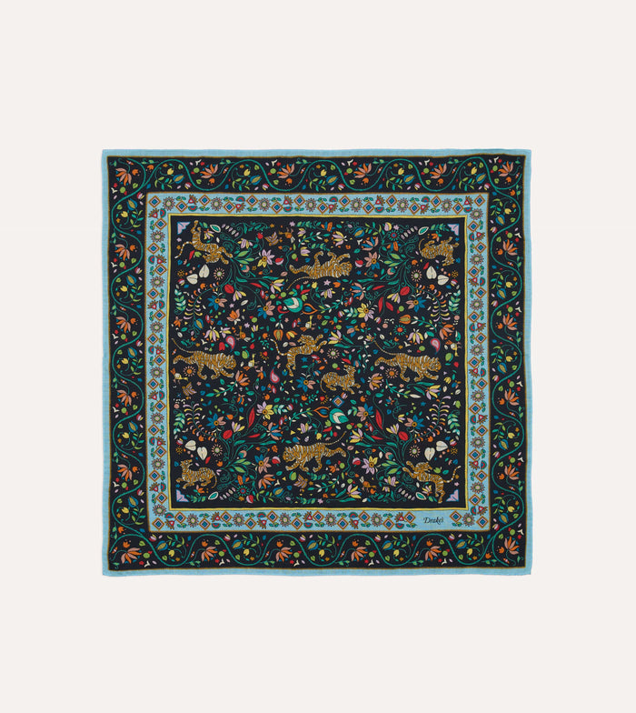 Navy Tiger Garden Print Wool-Silk Bandana