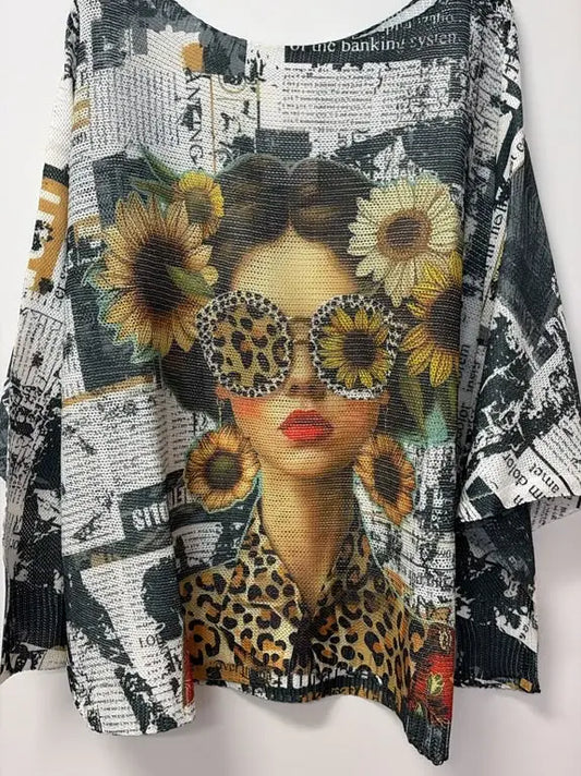 Newsprint knit pullover sweater featuring a sunflower girl graphic with leopard print accents and vivid yellow details.