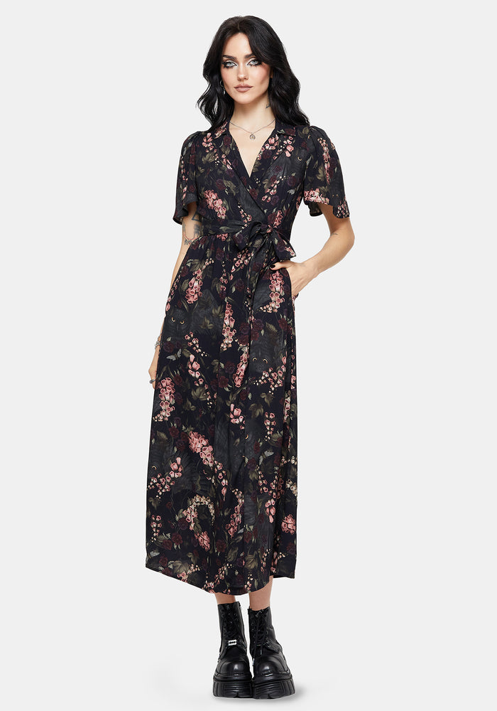 Noctua Owl Foxglove Printed Wrap Midaxi Shirt Dress