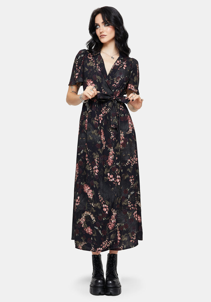 Noctua Owl Foxglove Printed Wrap Midaxi Shirt Dress
