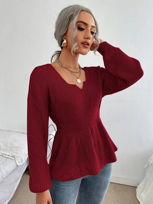 Notched Dropped Shoulder Knit Top - Madikfashions.com