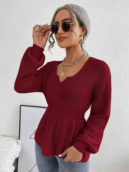 Notched Dropped Shoulder Knit Top - Madikfashions.com