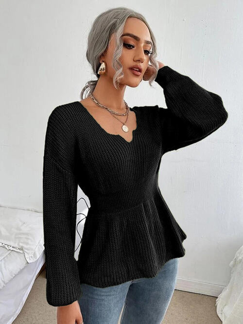 Notched Dropped Shoulder Knit Top - Madikfashions.com