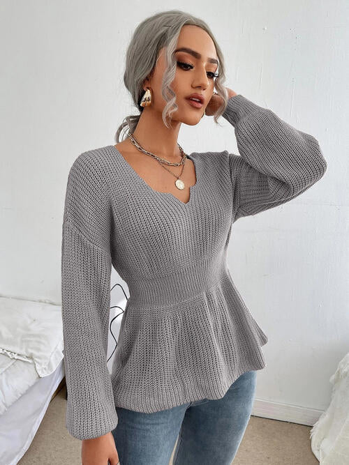 Notched Dropped Shoulder Knit Top - Madikfashions.com