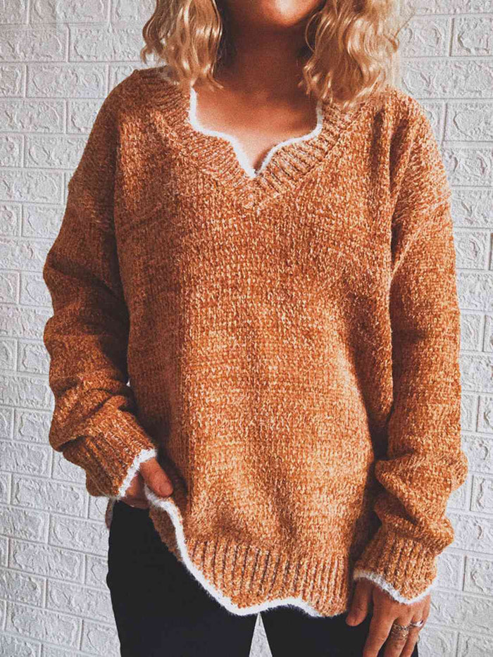Notched Dropped Shoulder Long Sleeve Sweater - Madikfashions.com