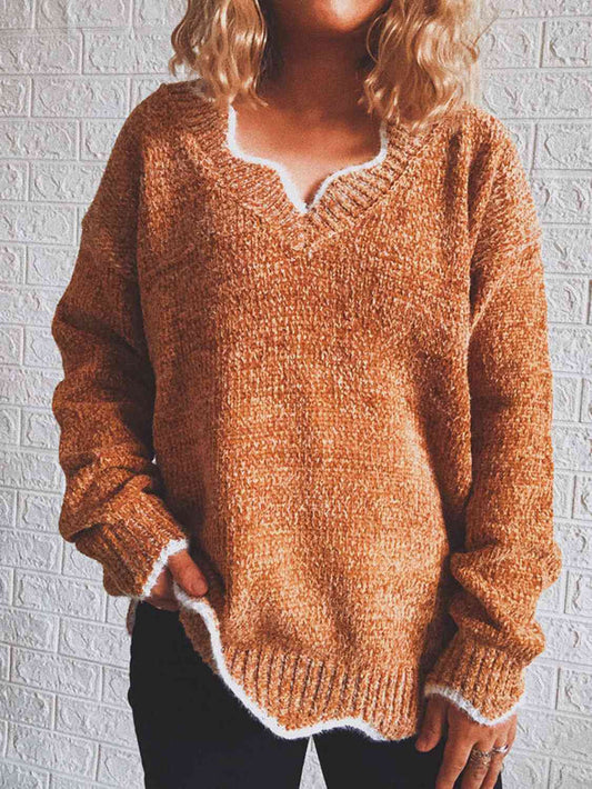 Notched Dropped Shoulder Long Sleeve Sweater - Madikfashions.com
