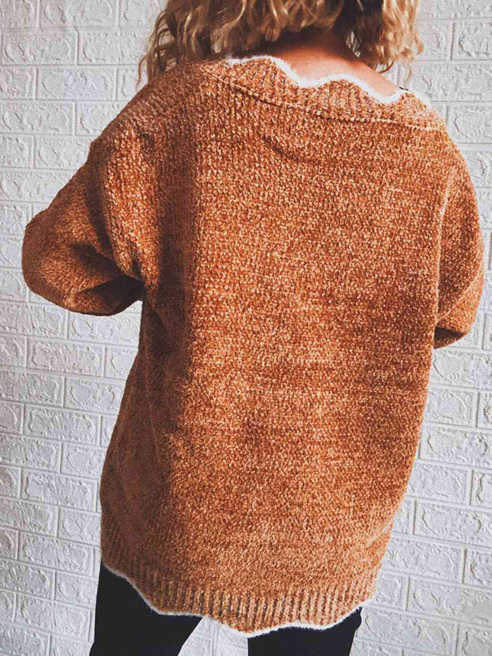Notched Dropped Shoulder Long Sleeve Sweater - Madikfashions.com