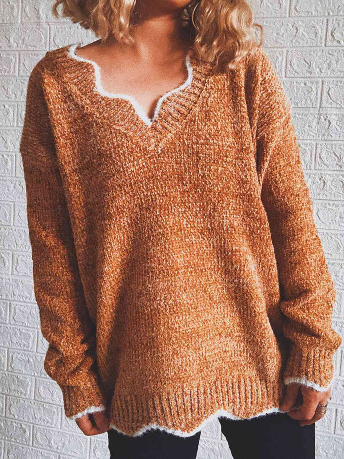 Notched Dropped Shoulder Long Sleeve Sweater - Madikfashions.com