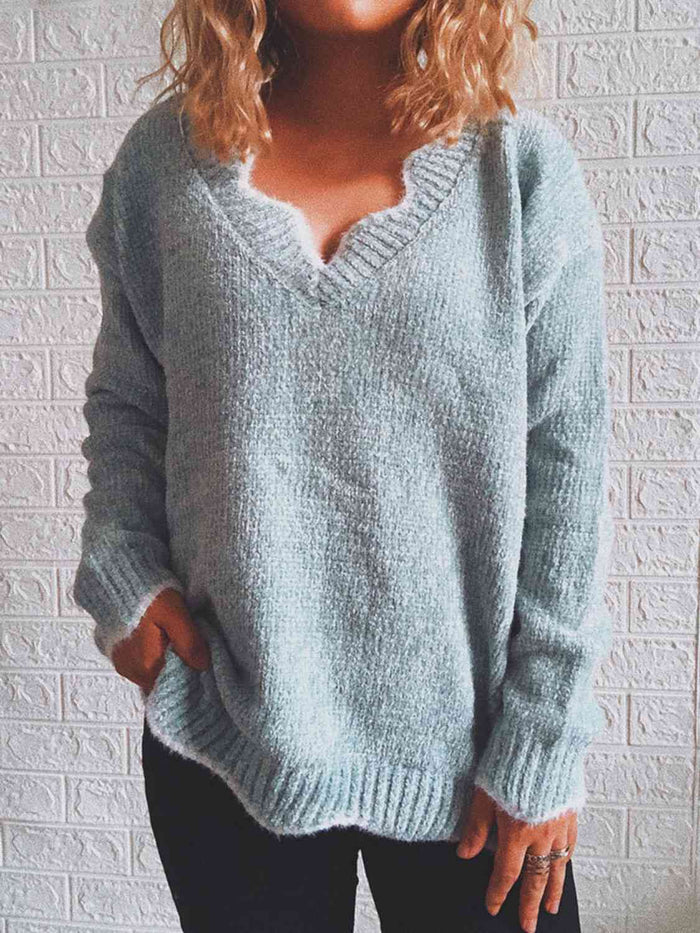 Notched Dropped Shoulder Long Sleeve Sweater - Madikfashions.com