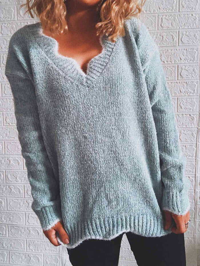 Notched Dropped Shoulder Long Sleeve Sweater - Madikfashions.com