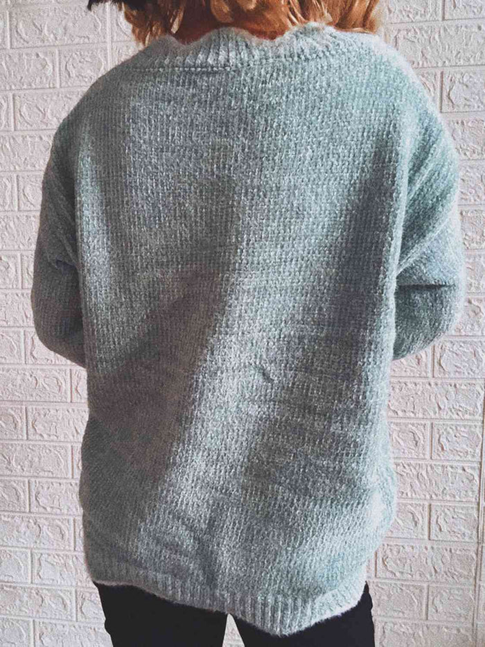 Notched Dropped Shoulder Long Sleeve Sweater - Madikfashions.com