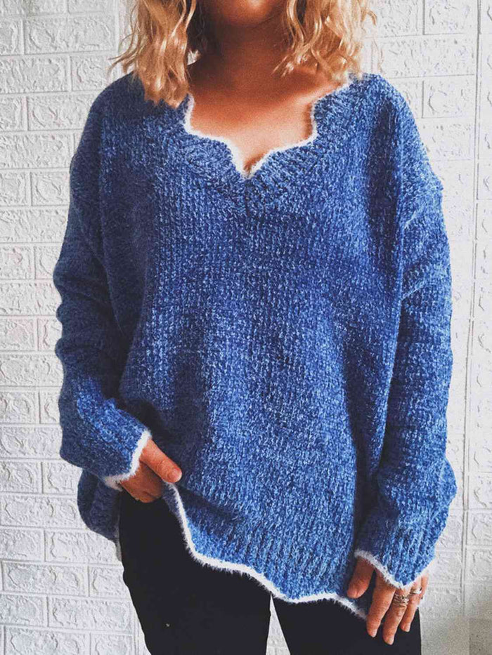Notched Dropped Shoulder Long Sleeve Sweater - Madikfashions.com