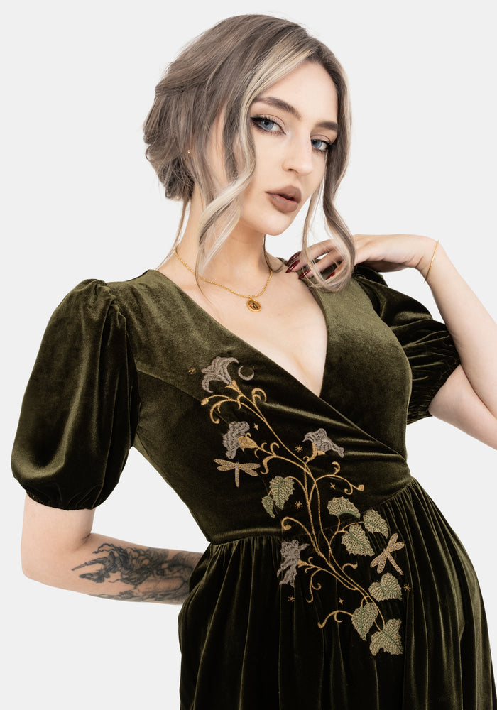 Noura Floral Dragonfly Embroidered Puffball Sleeve Velour Midaxi Dress