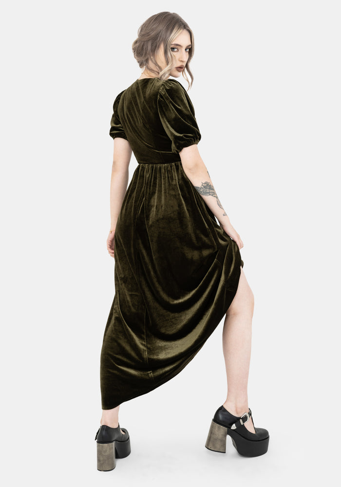 Noura Floral Dragonfly Embroidered Puffball Sleeve Velour Midaxi Dress