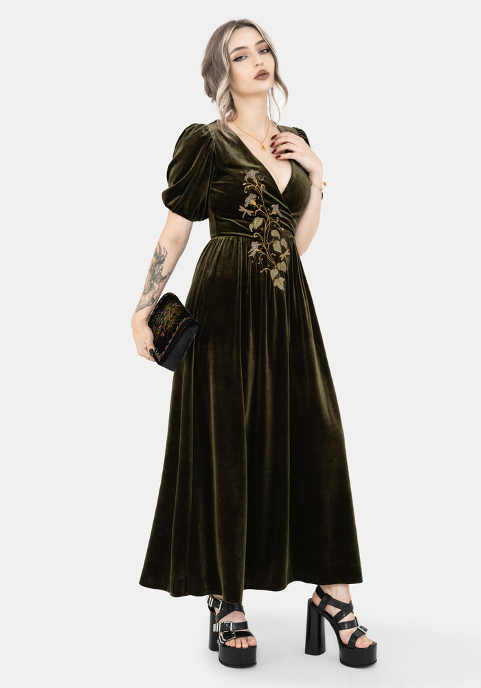 Noura Floral Dragonfly Embroidered Puffball Sleeve Velour Midaxi Dress