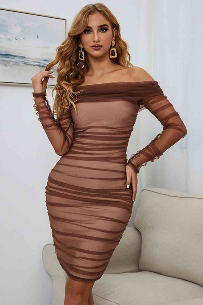 Off-Shoulder Ruched Long Sleeve Tulle Dress - Madikfashions.com