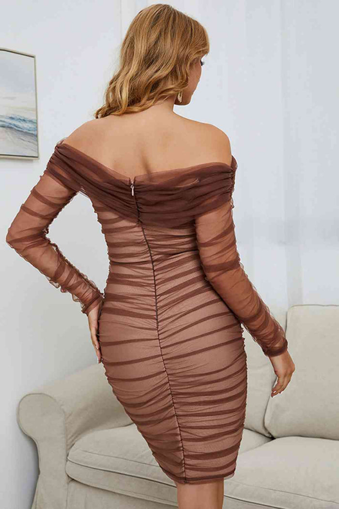 Off-Shoulder Ruched Long Sleeve Tulle Dress - Madikfashions.com