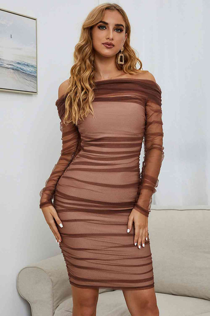 Off-Shoulder Ruched Long Sleeve Tulle Dress - Madikfashions.com