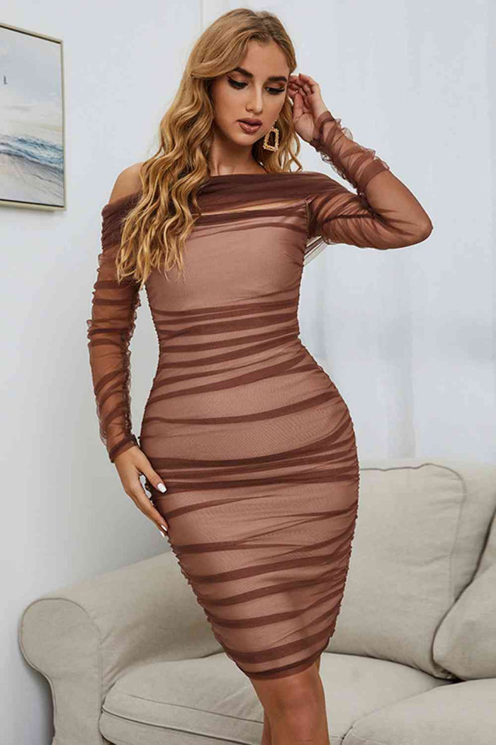 Off-Shoulder Ruched Long Sleeve Tulle Dress - Madikfashions.com