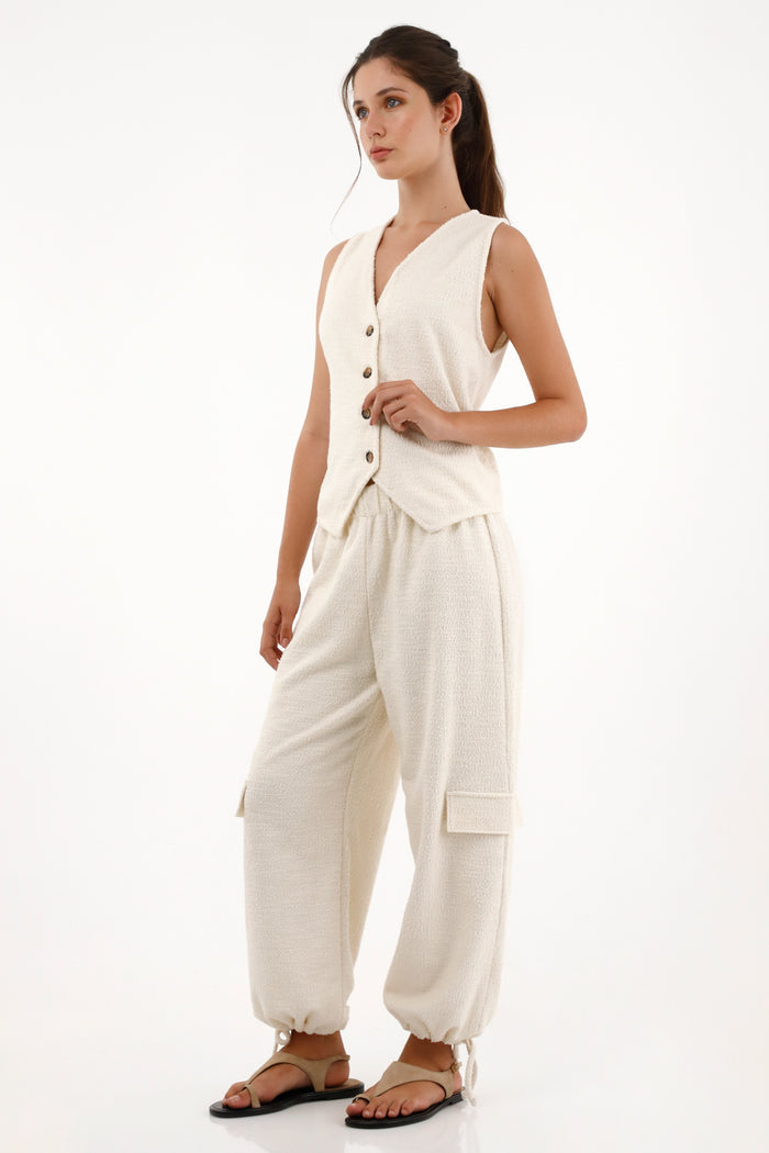 Off-white tweed jogger pants for women