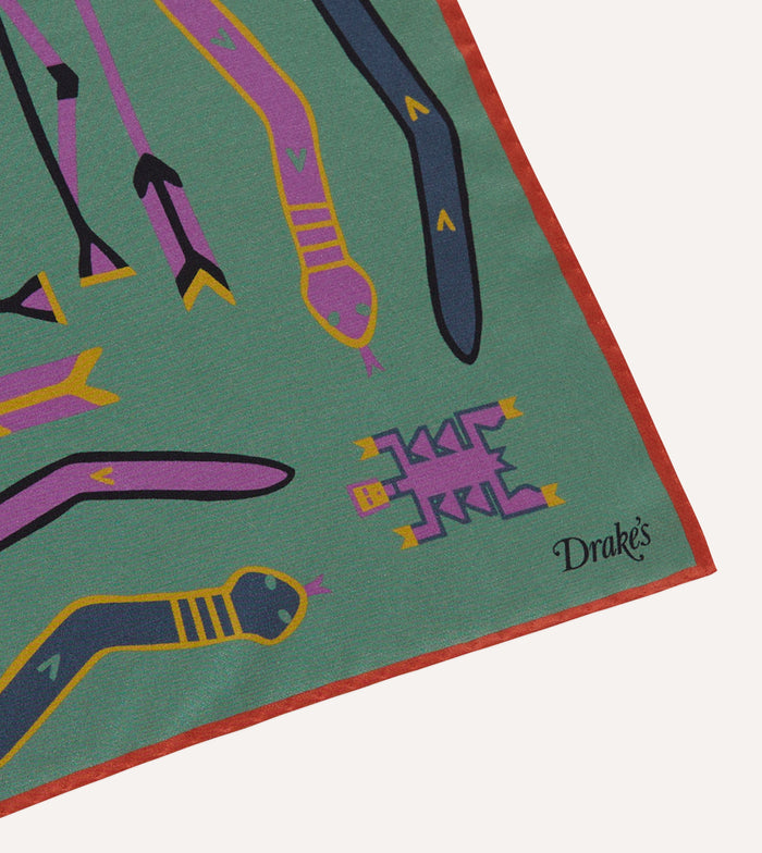 Olive and Rust Tribal Print Silk Pocket Square