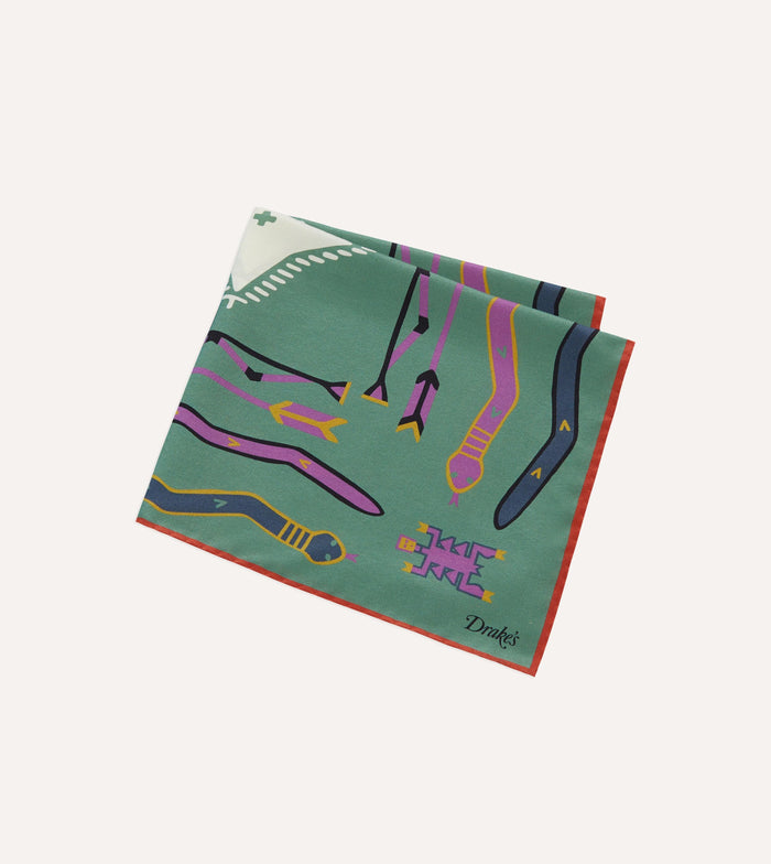 Olive and Rust Tribal Print Silk Pocket Square
