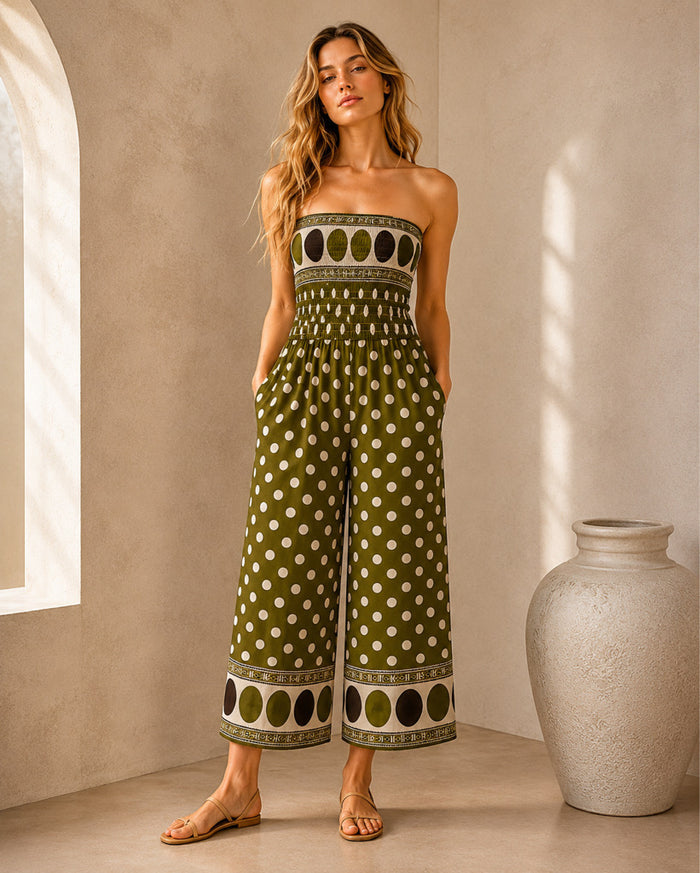 Olive Polka Dot Strapless Jumpsuit - Born To Glam