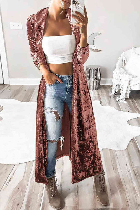 Open Front Long Sleeve Longline Velvet Cardigan - Madikfashions.com