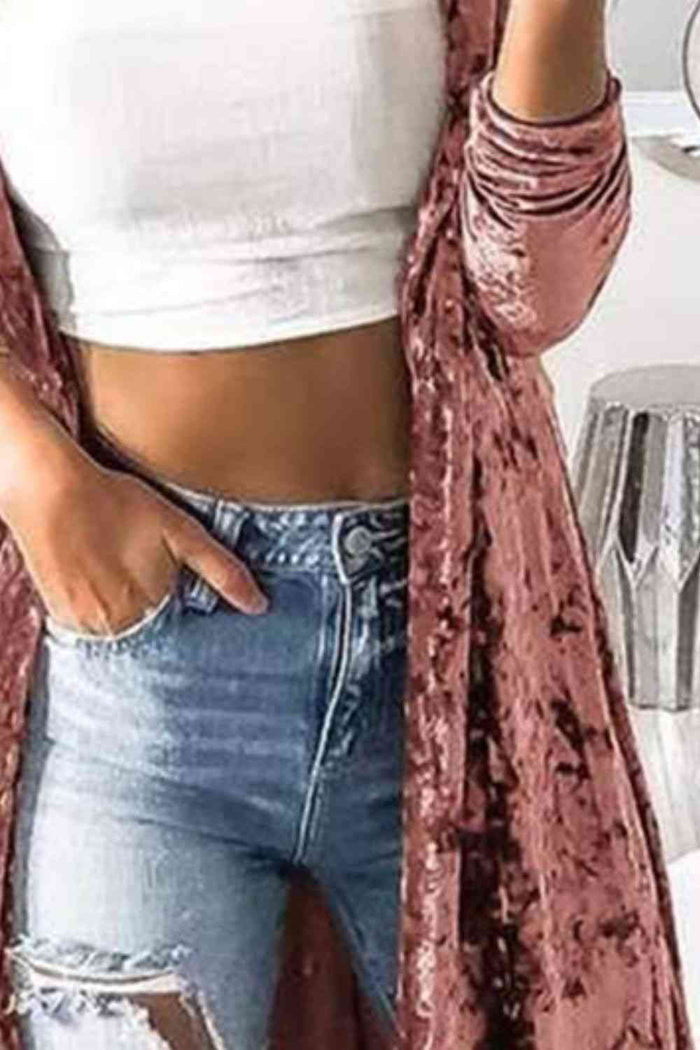 Open Front Long Sleeve Longline Velvet Cardigan - Madikfashions.com