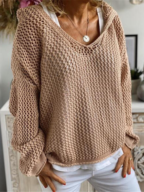 Openwork Hooded Long Sleeve Sweater - Madikfashions.com