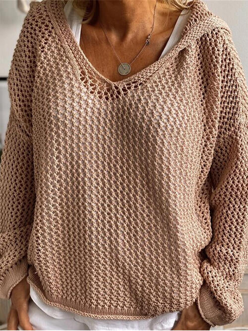 Openwork Hooded Long Sleeve Sweater - Madikfashions.com