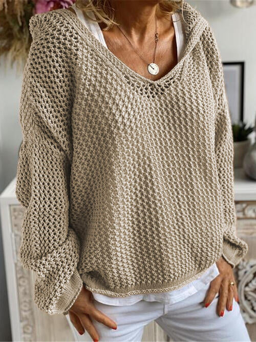 Openwork Hooded Long Sleeve Sweater - Madikfashions.com