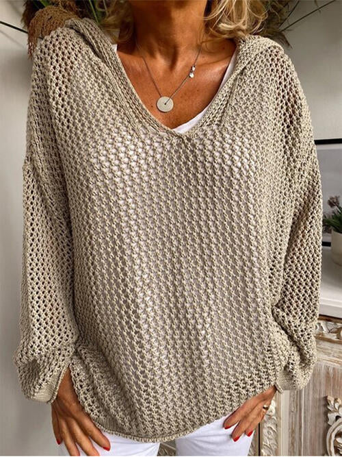 Openwork Hooded Long Sleeve Sweater - Madikfashions.com