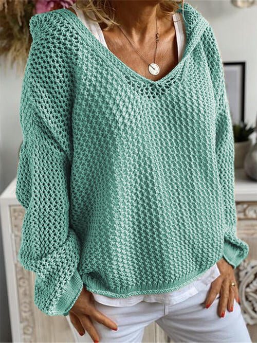 Openwork Hooded Long Sleeve Sweater - Madikfashions.com