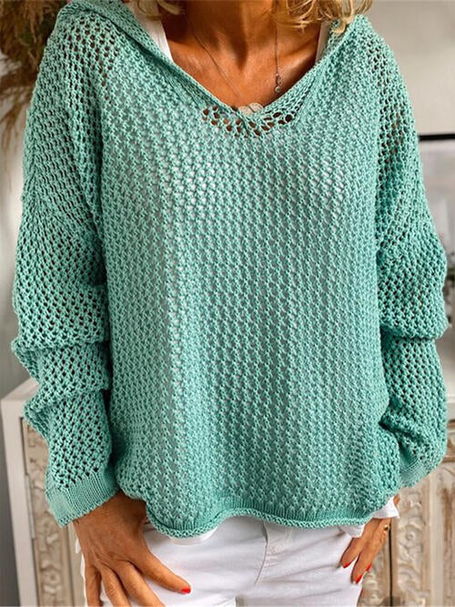 Openwork Hooded Long Sleeve Sweater - Madikfashions.com