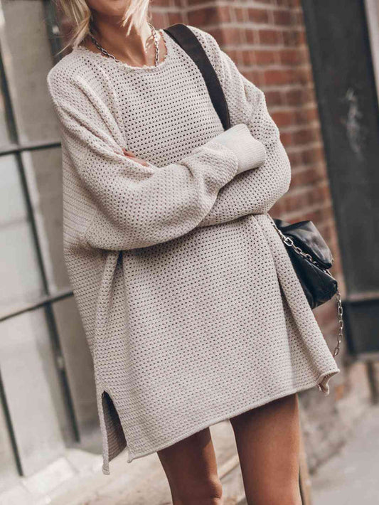 Openwork Round Neck Long Sleeve Slit Sweater - Madikfashions.com