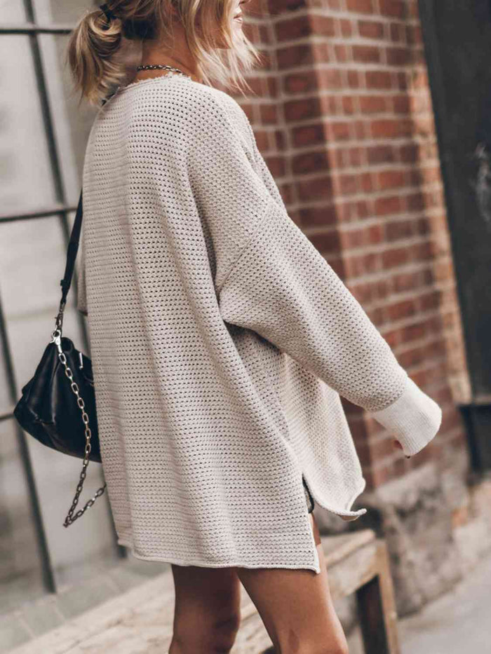Openwork Round Neck Long Sleeve Slit Sweater - Madikfashions.com