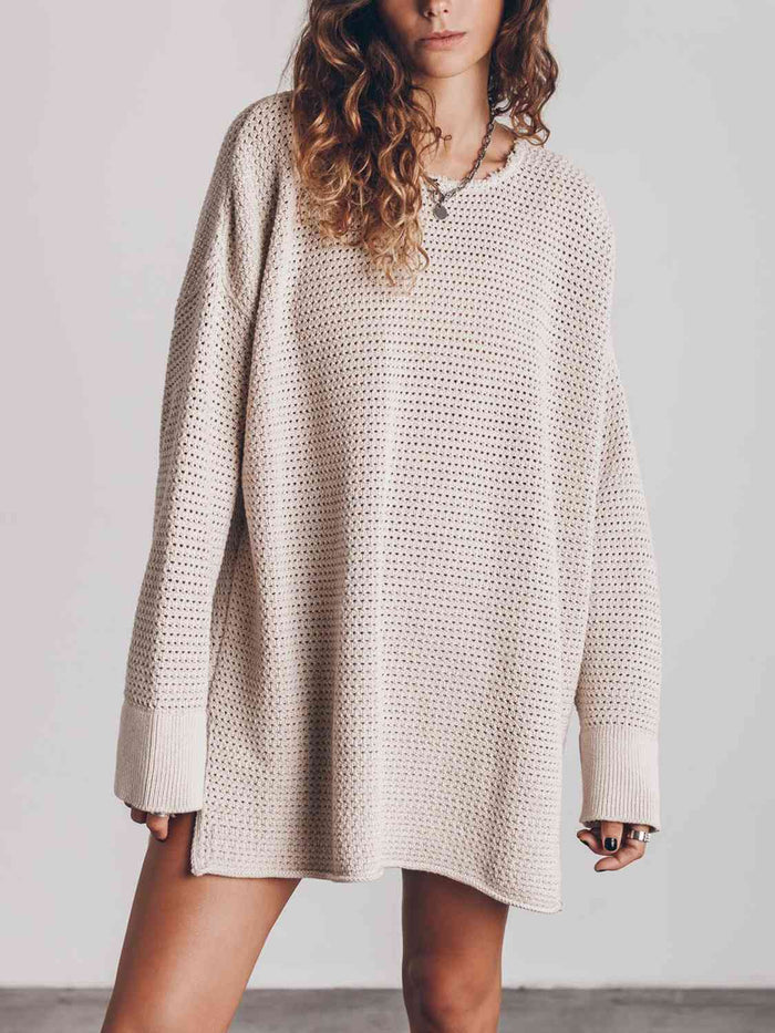 Openwork Round Neck Long Sleeve Slit Sweater - Madikfashions.com