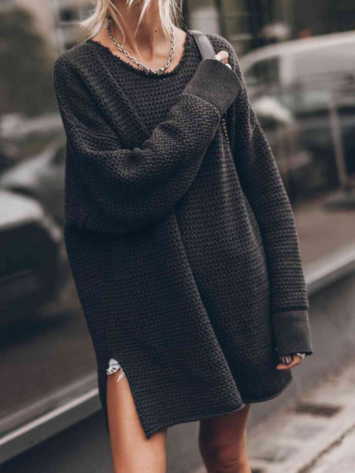 Openwork Round Neck Long Sleeve Slit Sweater - Madikfashions.com