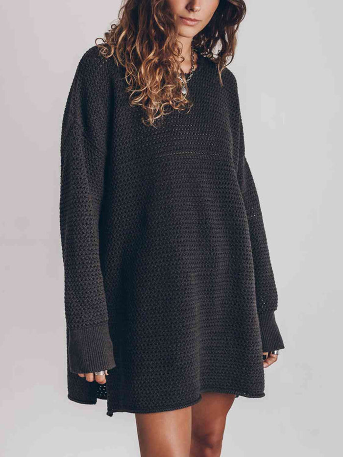 Openwork Round Neck Long Sleeve Slit Sweater - Madikfashions.com