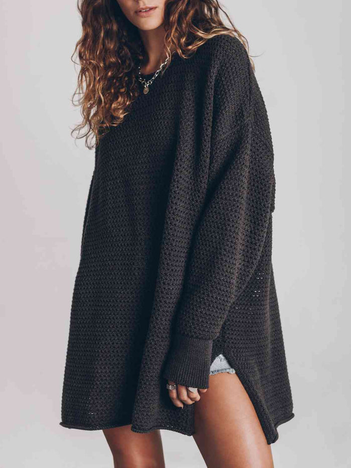 Openwork Round Neck Long Sleeve Slit Sweater - Madikfashions.com