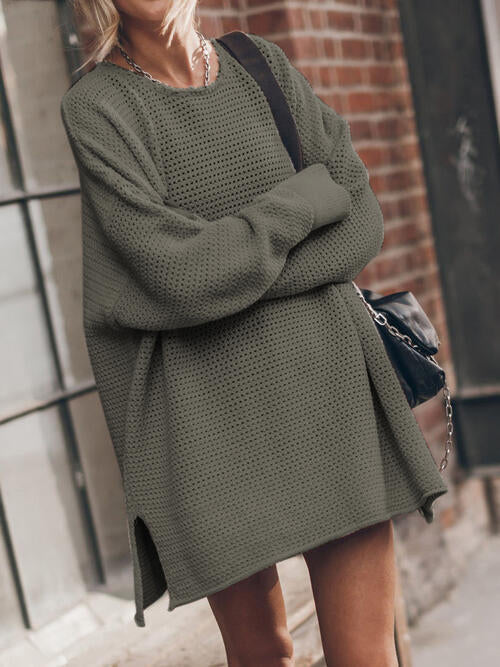 Openwork Round Neck Long Sleeve Slit Sweater - Madikfashions.com